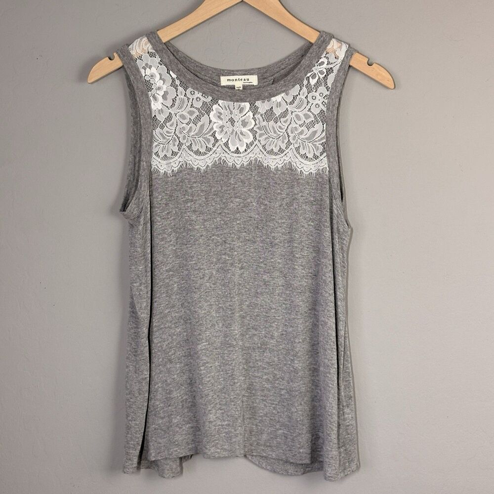 Monteau Los Angeles Top Womens M Gray White Lace Split Back Y2K Romantic Cottage